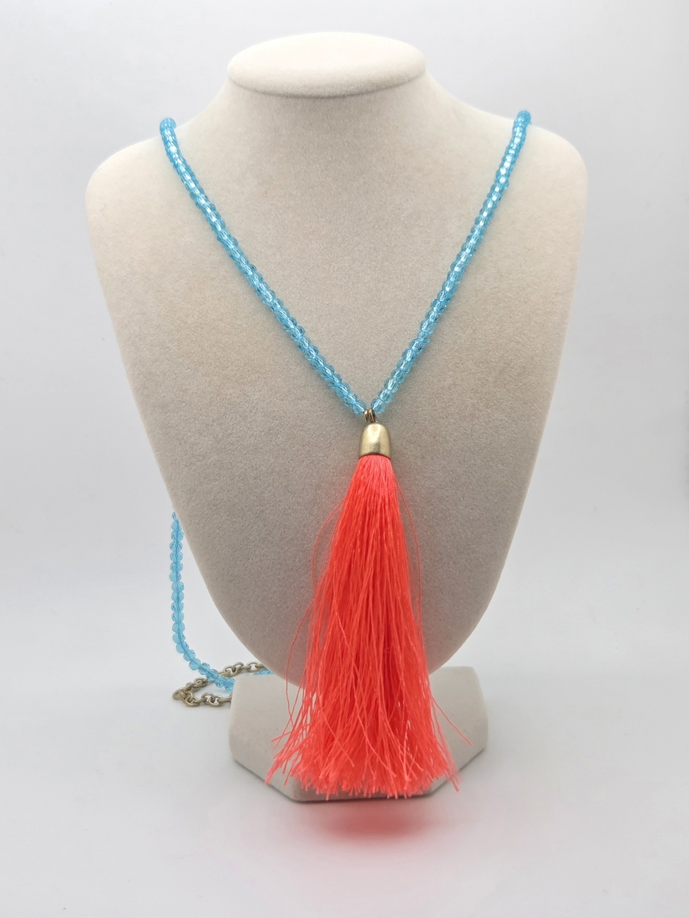 J. Crew Long Aqua Blue Beaded Tassel Statement Necklace
